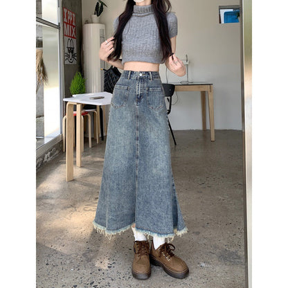 Damen Jeansrock Lang Fransiger Saum Schwarz Norvielle - Norvielle
