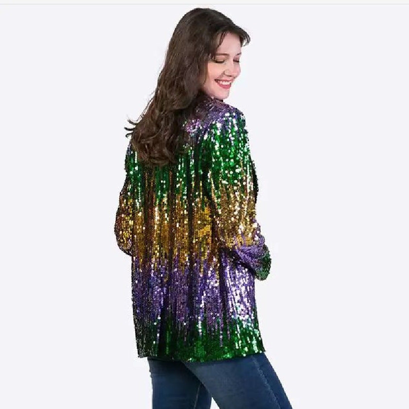 Damen Glitzerjacke Pailletten Langer Arm Offener Schnitt Norvielle