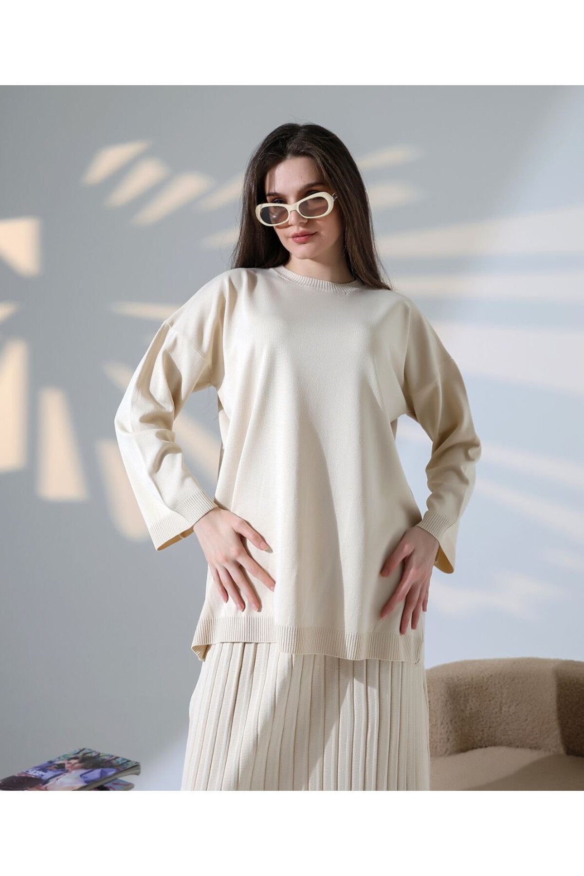 Damen Langarmshirt Faltenrock Set