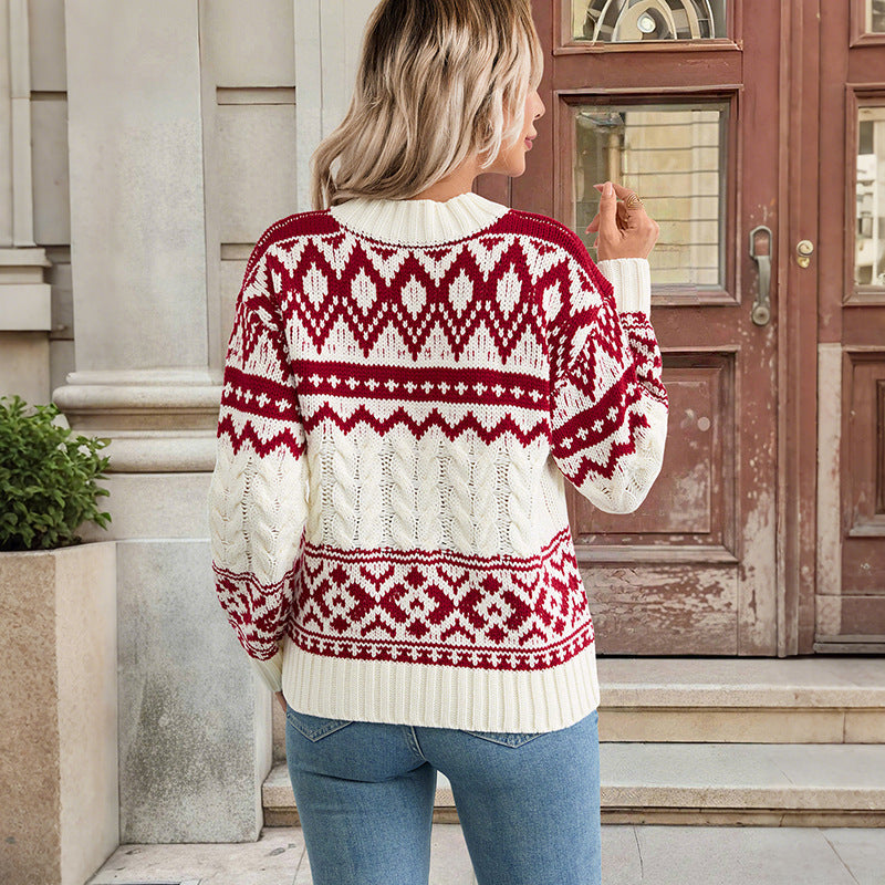 Damen Pullover Norweger Muster Hochgeschlossener Kragen Grau