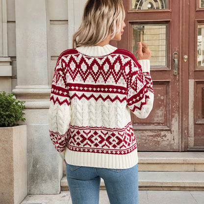 Damen Pullover Norweger Muster Hochgeschlossener Kragen Grau