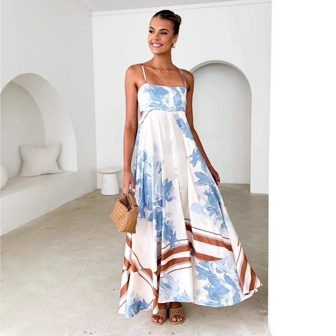 Damen Maxikleid mit Trägern und Blumenmuster