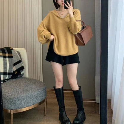 Damen Oversized Strickpullover Kapuze V-Ausschnitt Norvielle
