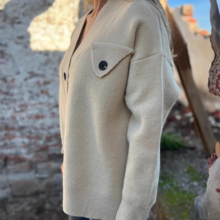 Damen Strick-Cardigan mit Knöpfen und breiten Ärmeln Beige