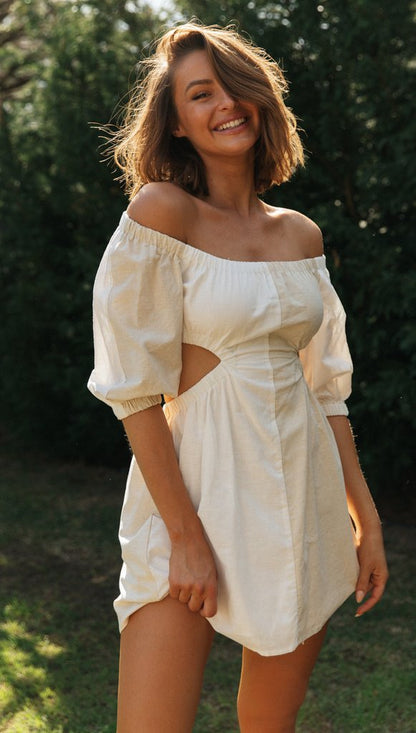 Damen Minikleid Off-Shoulder Puffärmel Cut-Outs Norvielle