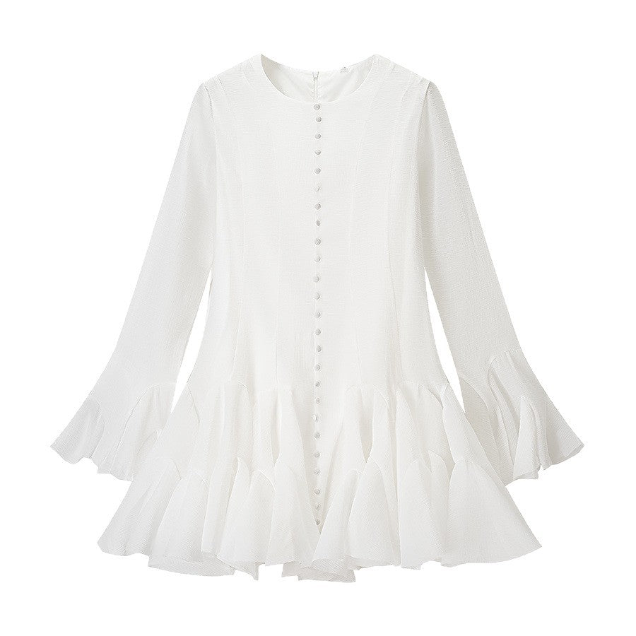 Damen Volantkleid Langer Ärmel Knopf Norvielle