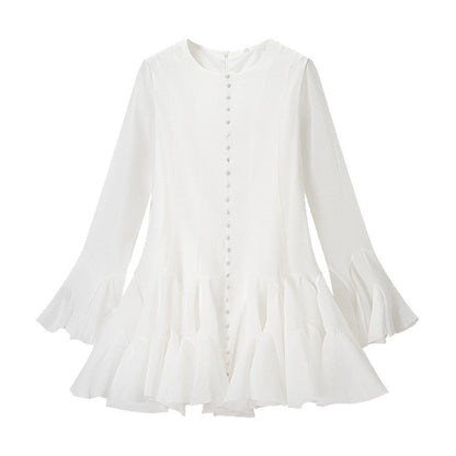 Damen Volantkleid Langer Ärmel Knopf Norvielle