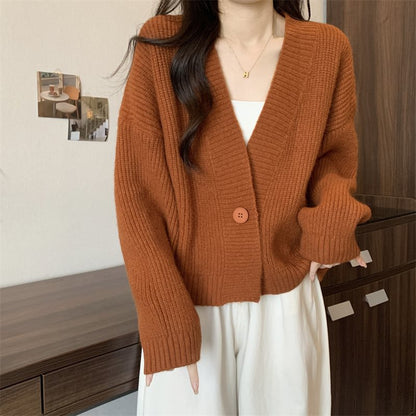 Damen Strickjacke V-Ausschnitt Große Knöpfe Beige