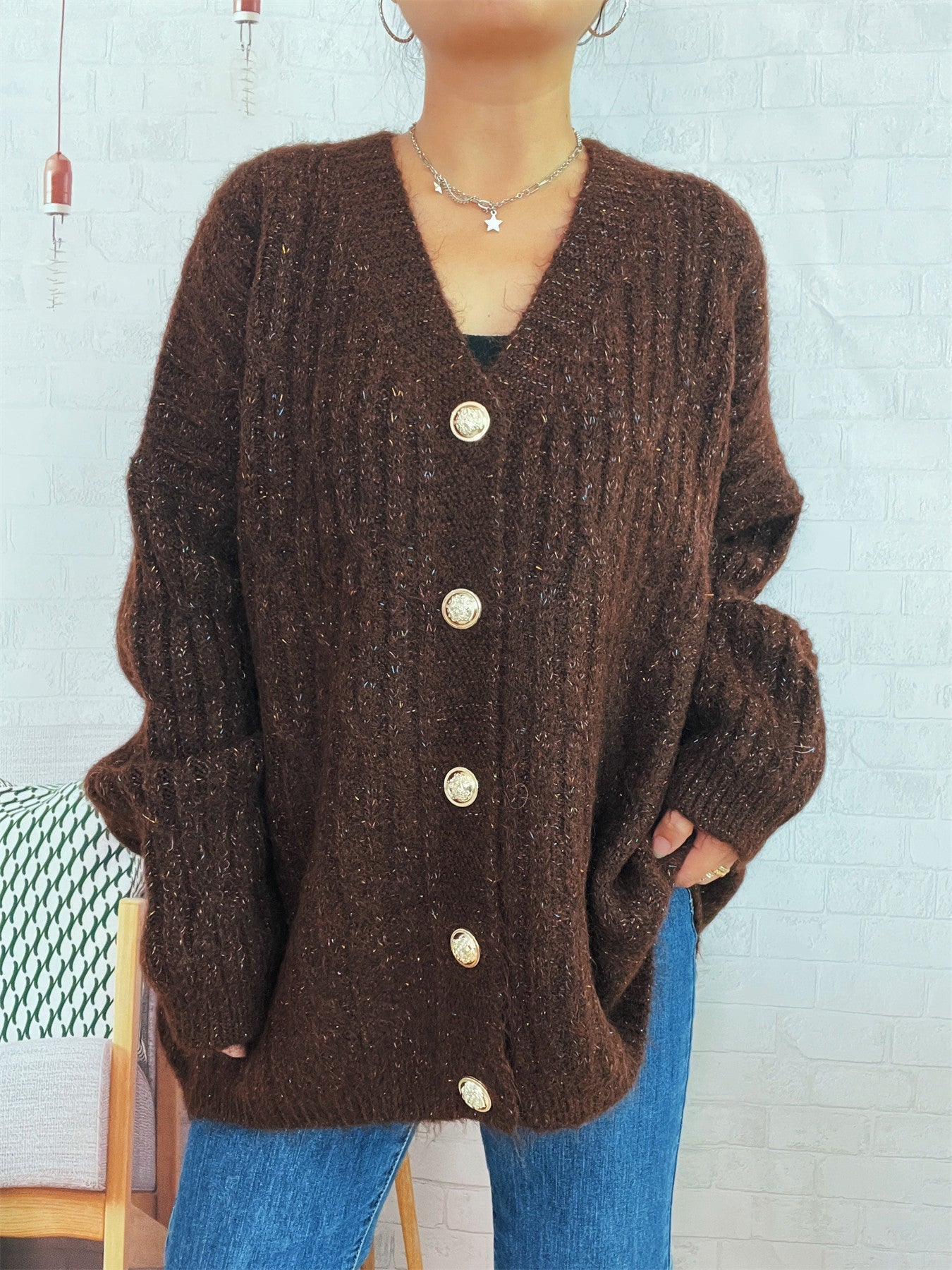 Damen Oversized Strickjacke Weiches Material Beige