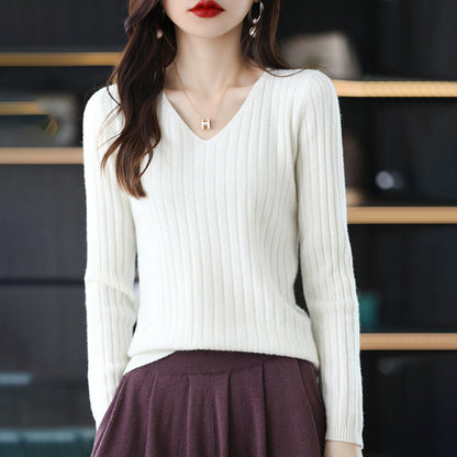 Damen Strickpullover V-Ausschnitt Feinripp