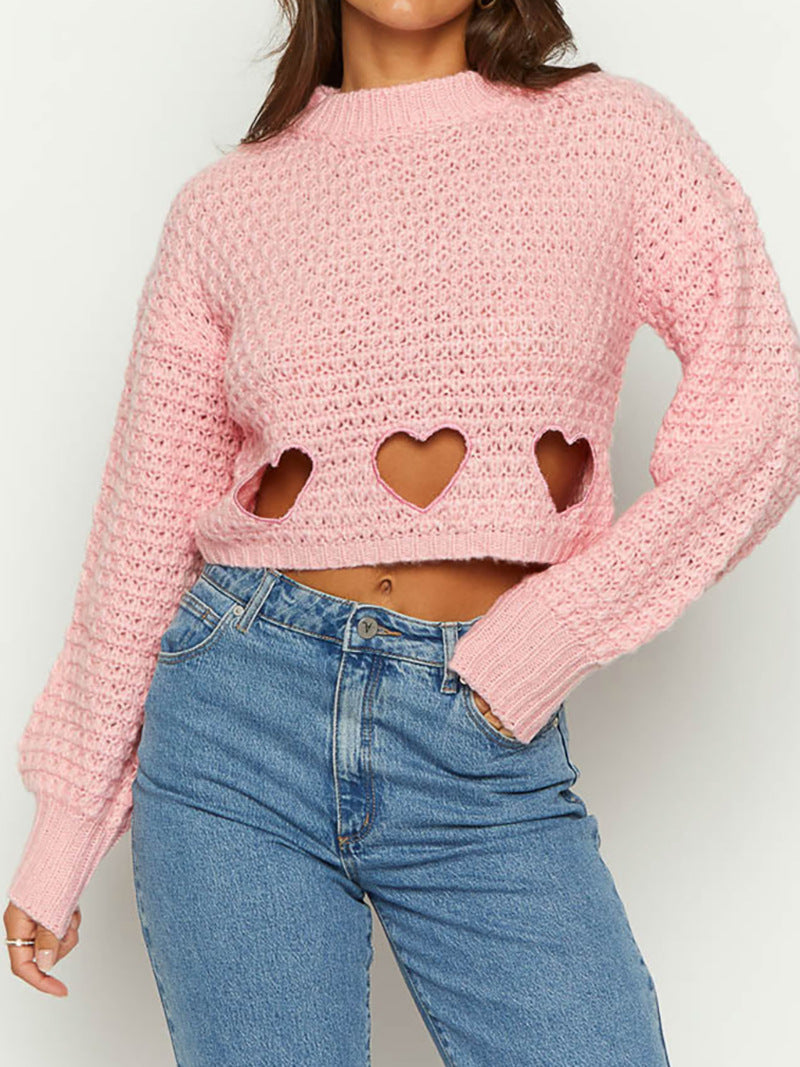 Damen Strickpullover Herz-Ausschnitte Lässig Crop-Design