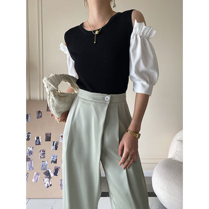 Damen Bluse mit Puffärmeln und V-Ausschnitt