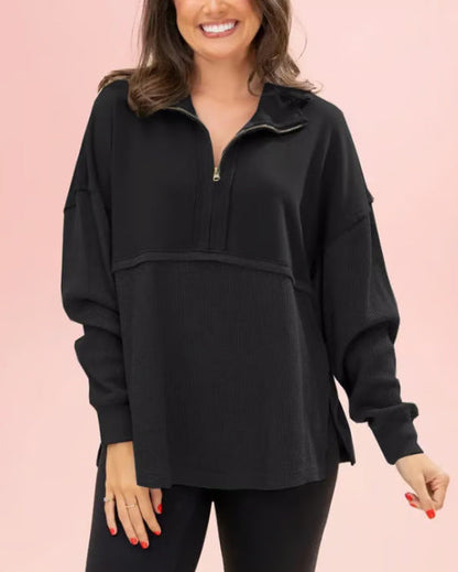 Damen Pullover Halb-Reißverschluss Voluminöse Ärmel Norvielle