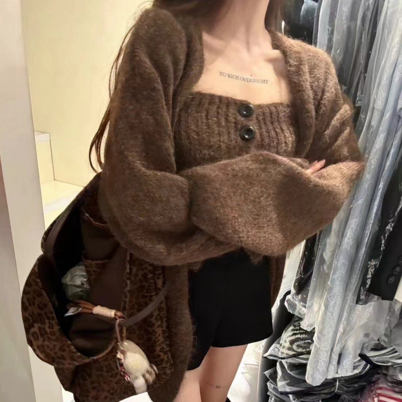 Damen Strickjacke Weit Knöpfe Beige