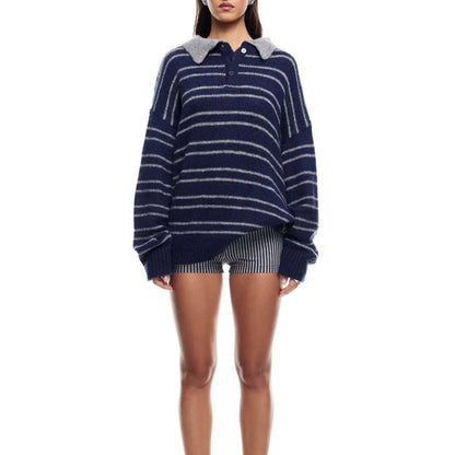 Damen Pullover Kontrastkragen Modern Streifen - Norvielle