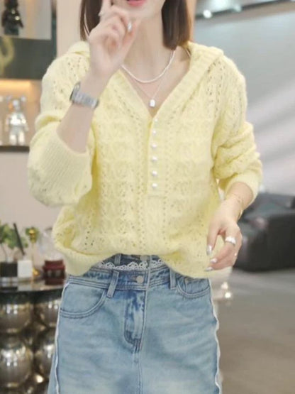 Damen Strickpullover mit Kapuze und Knöpfen Norvielle