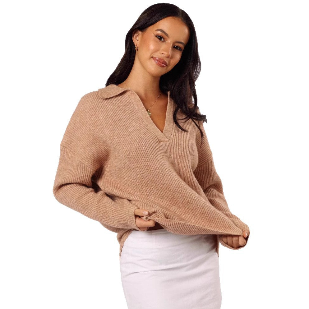 Damen Oversized Pullover V-Ausschnitt Feine Rippenstruktur Beige