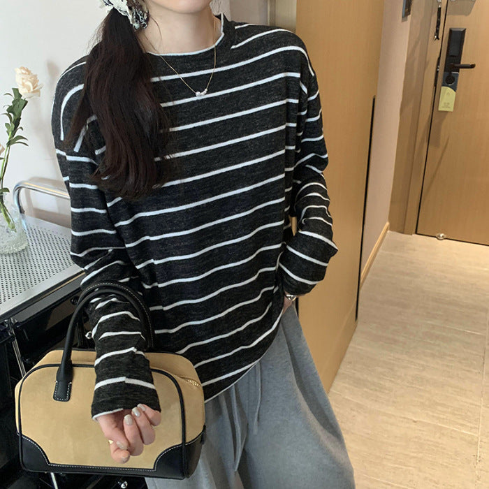 Damen Langarmshirt Streifenmuster Baumwolle Weiß