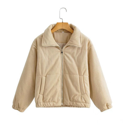 Damen Cordjacke Elastische Bündchen Hochkragen Beige
