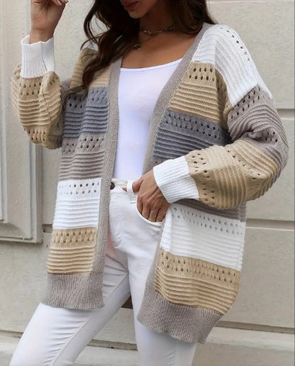 Damen Strickcardigan Groß Lochmuster Farbblock Norvielle