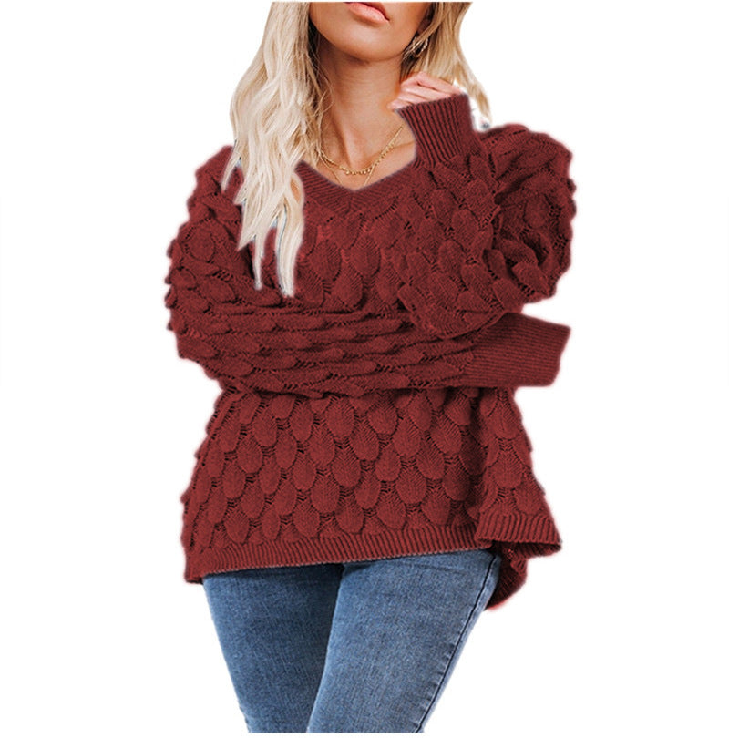 Damen Grobstrickpullover V-Ausschnitt Wellenmuster Norvielle