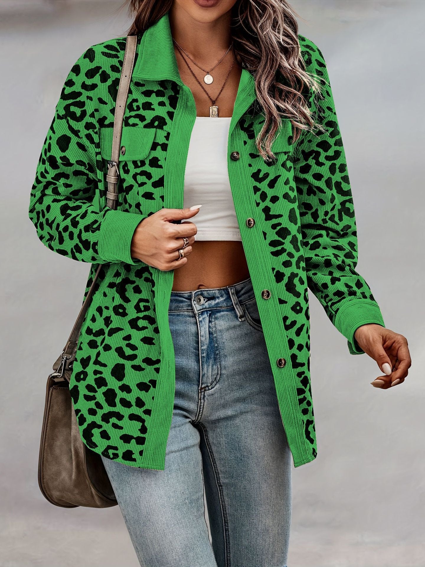 Damen Kordjacke Leo-Print mit Brusttaschen Norvielle