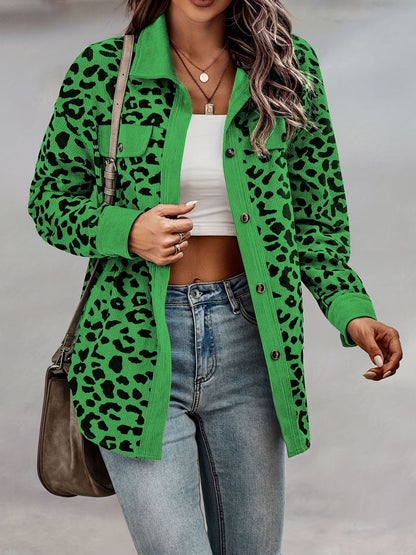 Damen Kordjacke Leo-Print mit Brusttaschen Norvielle