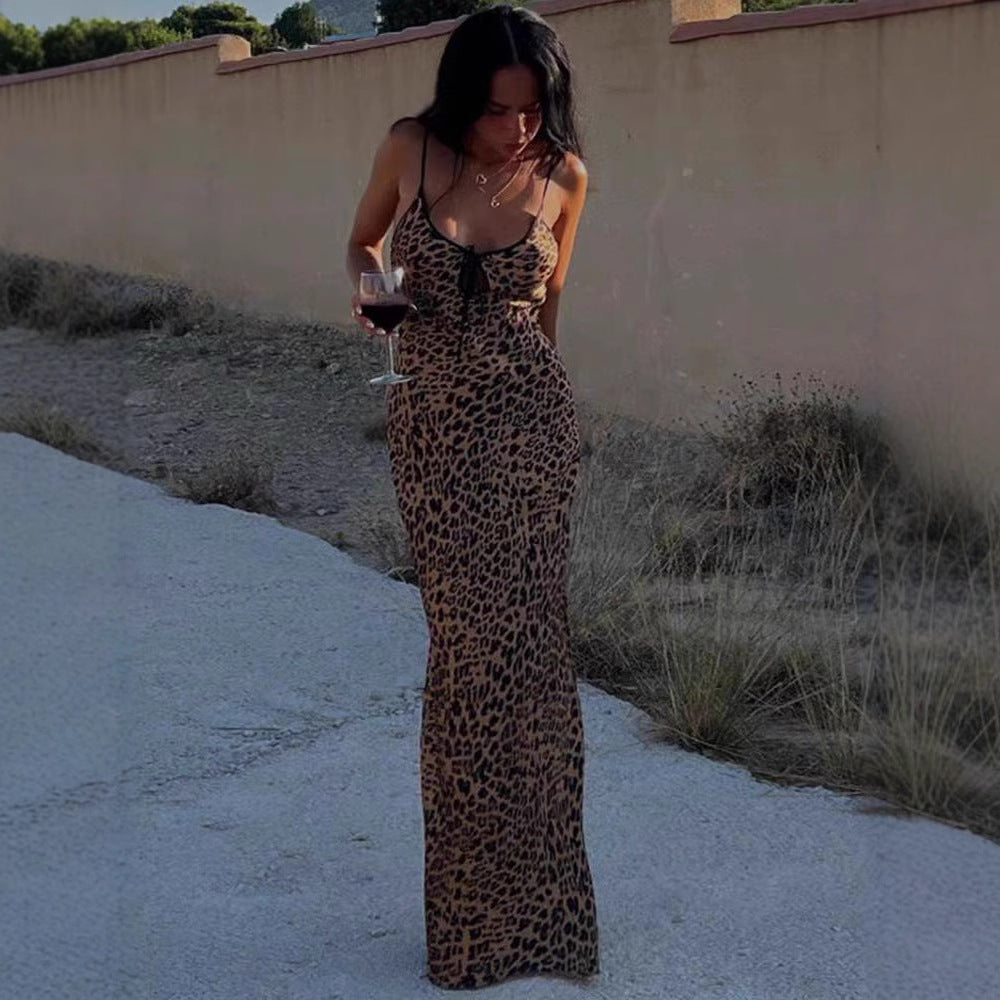 Damen Maxikleid Leopardenmuster Figurbetont Schnürdetail Norvielle - Norvielle