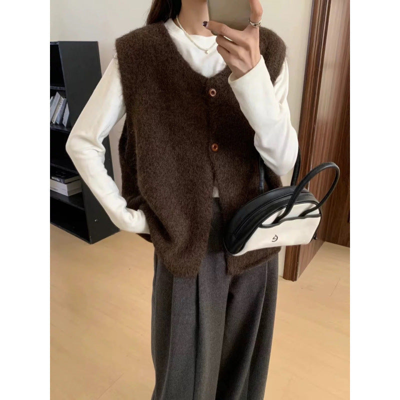 Damen Strickweste Lässig Knöpfe Beige