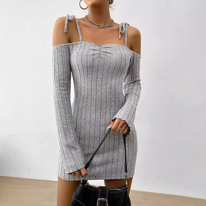 Damen Minikleid Schulterfrei Rippstrick Norvielle