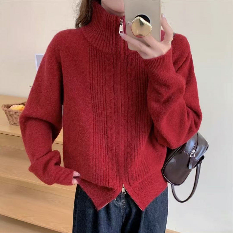 Damen Strickjacke Zippkragen Hochwertig Grün