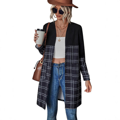 Damen Blazer Lang Karomuster Weiß
