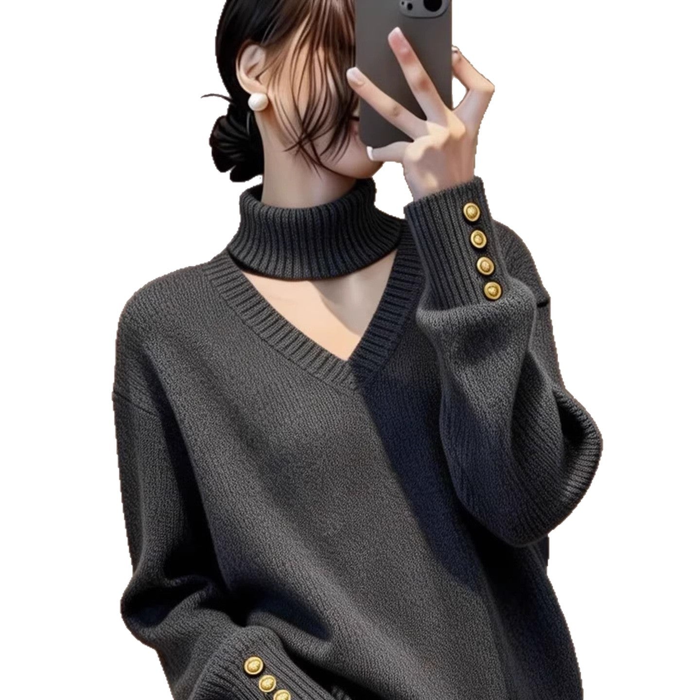 Damen Strickpullover Rollkragen Knopfdetails Norvielle