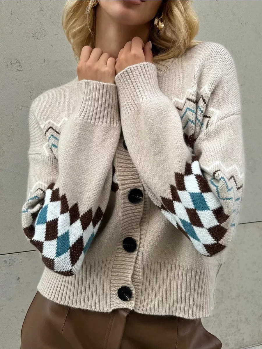 Damen Strickjacke Rautenmuster Knopfverschluss Norvielle