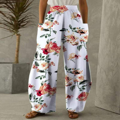 Damen Weite Blumenhosen Mit Taschen Elastischer Bund