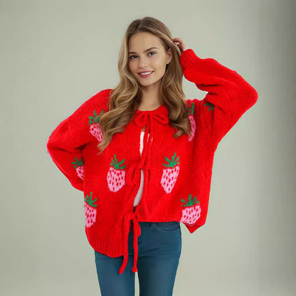 Damen Strickpullover Erdbeermotiv Ballonärmel Rosa
