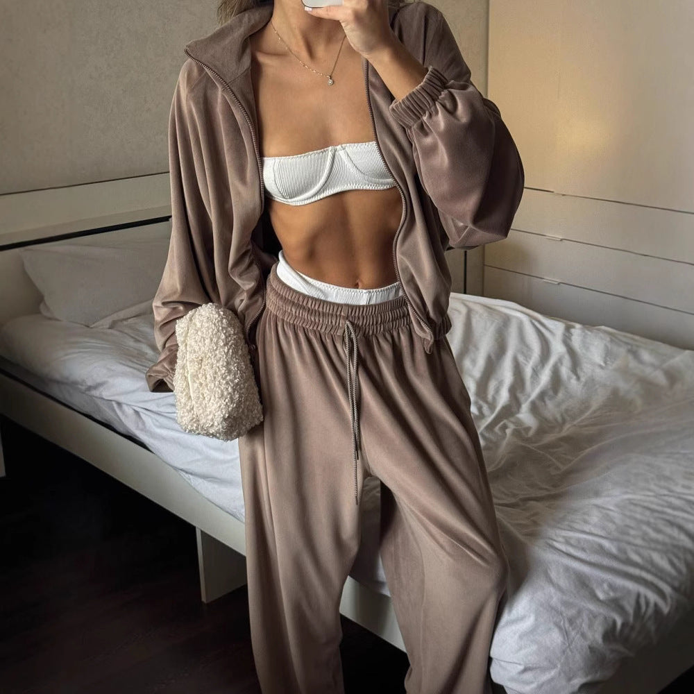 Damen Velours Jogginganzug mit Reißverschluss und Gummizug - Norvielle