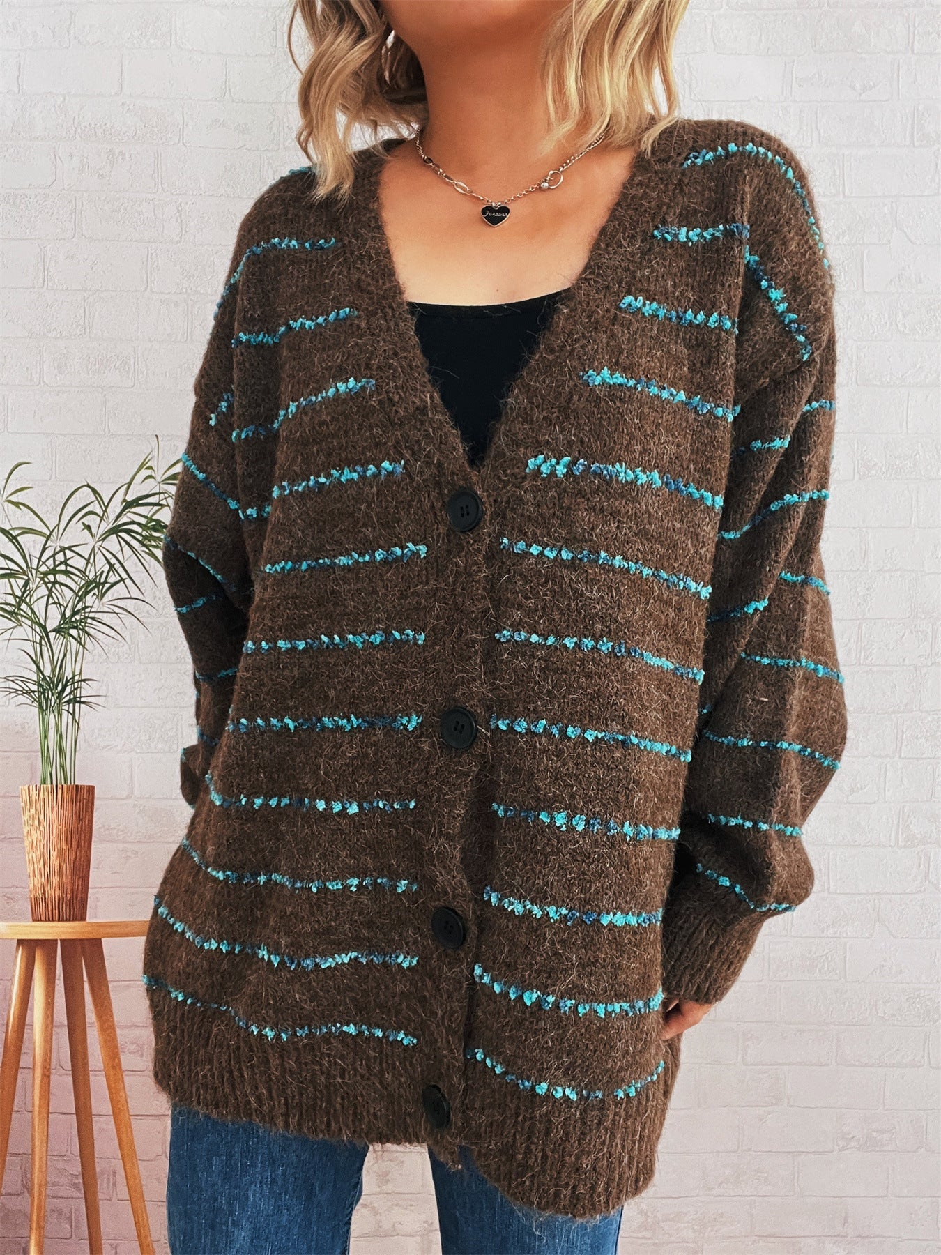 Damen Strickcardigan Streifenmuster Große Knöpfe Beige