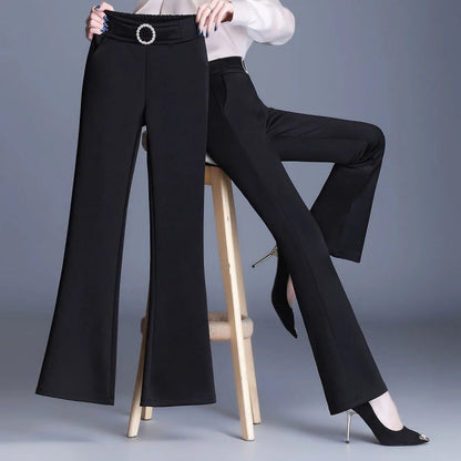 Damen High-Waist-Hose Breites Bein Dekorativer Gürtel Schwarz - Norvielle