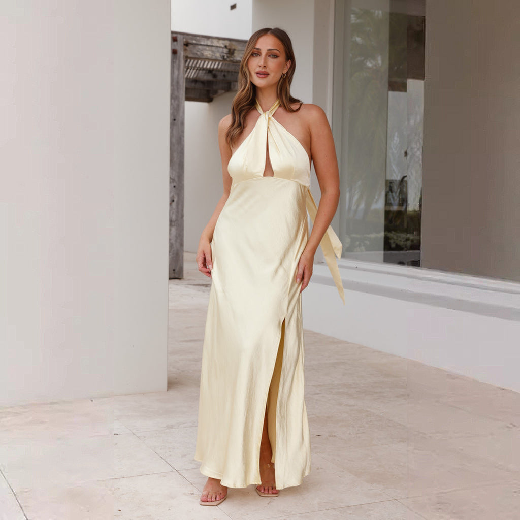 Damen Maxikleid Halterneck Seidenstoff Schimmernd