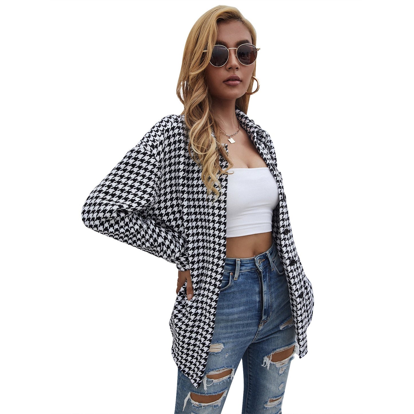 Damen Hemdjacke Hahnentritt Muster Locker Norvielle