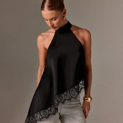 Damen Haltertop Spitzenbesatz Elegant Schwarz - Norvielle