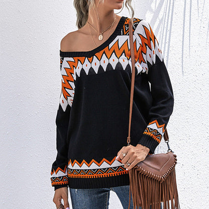 Damen Strickpullover Asymmetrischer Ausschnitt Kunststoffmuster