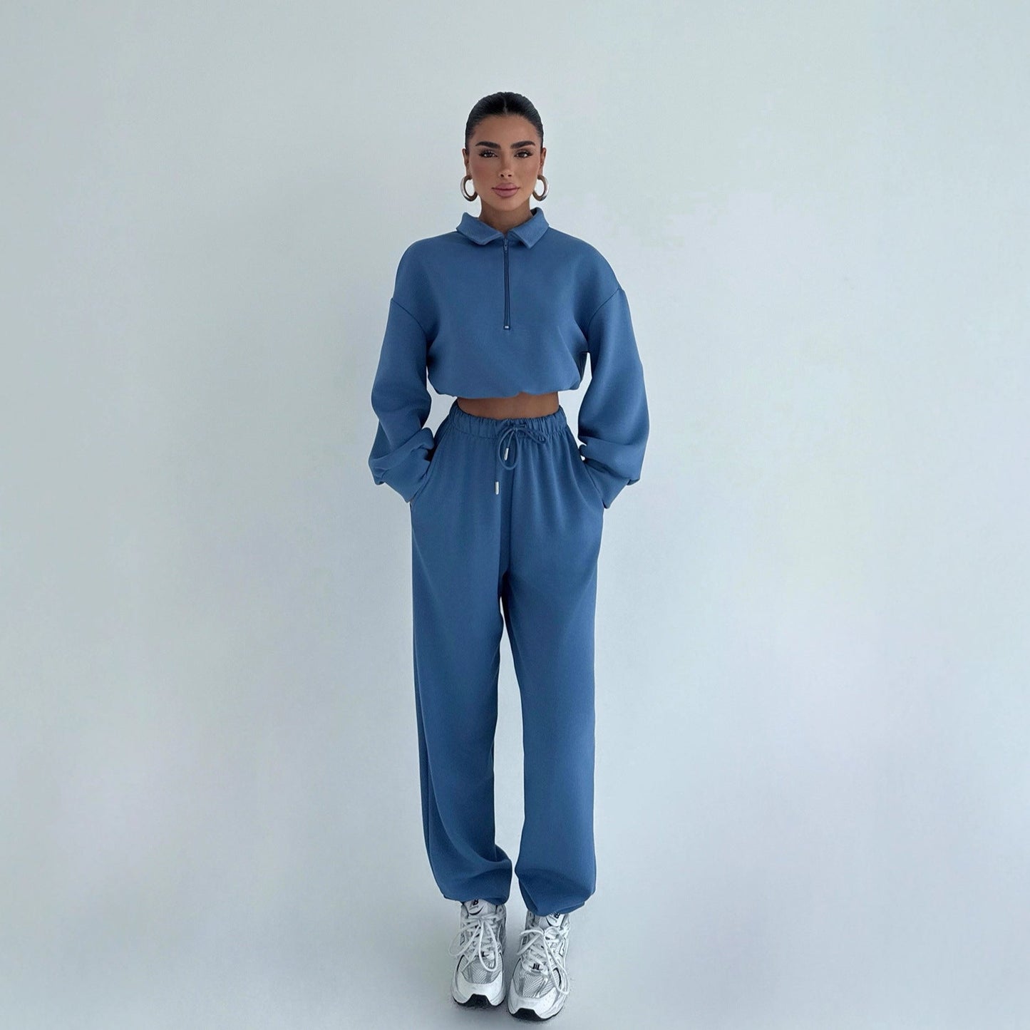 Damen Cropped Sportanzug Hochsteckkragen Reißverschluss