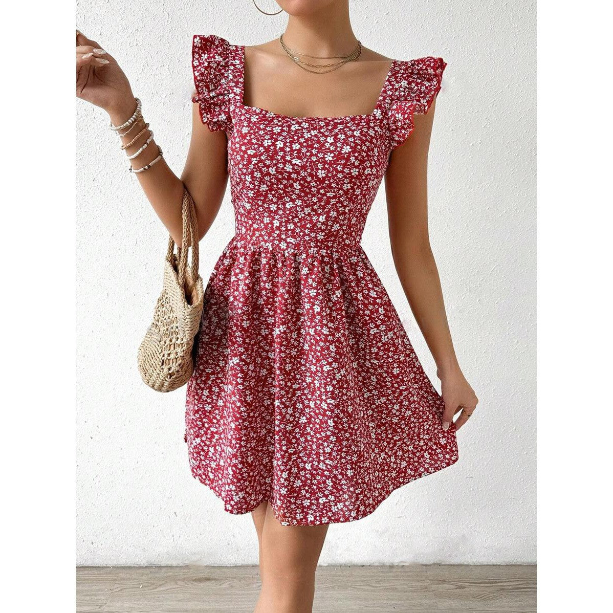 Damen Sommerkleid Rüschendetails Quadrat-Ausschnitt Norvielle