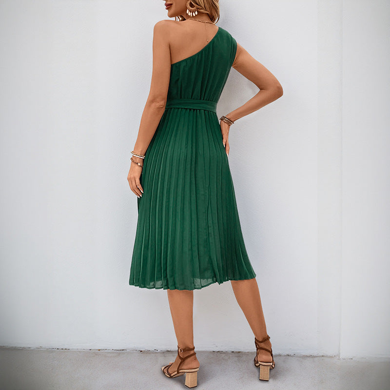Damen Midi-Kleid Plissee Taillengürtel Elegant