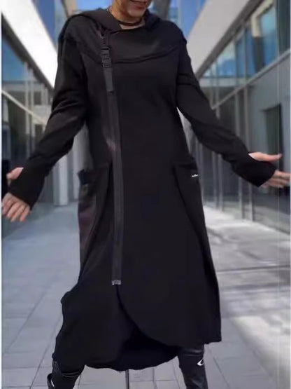 Damen Kapuzenmantel Asymmetrisch Mit Taschen Schwarz Norvielle - Norvielle