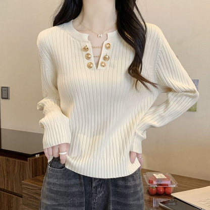 Damen Rippstrickpullover Dekorative Knöpfe Norvielle