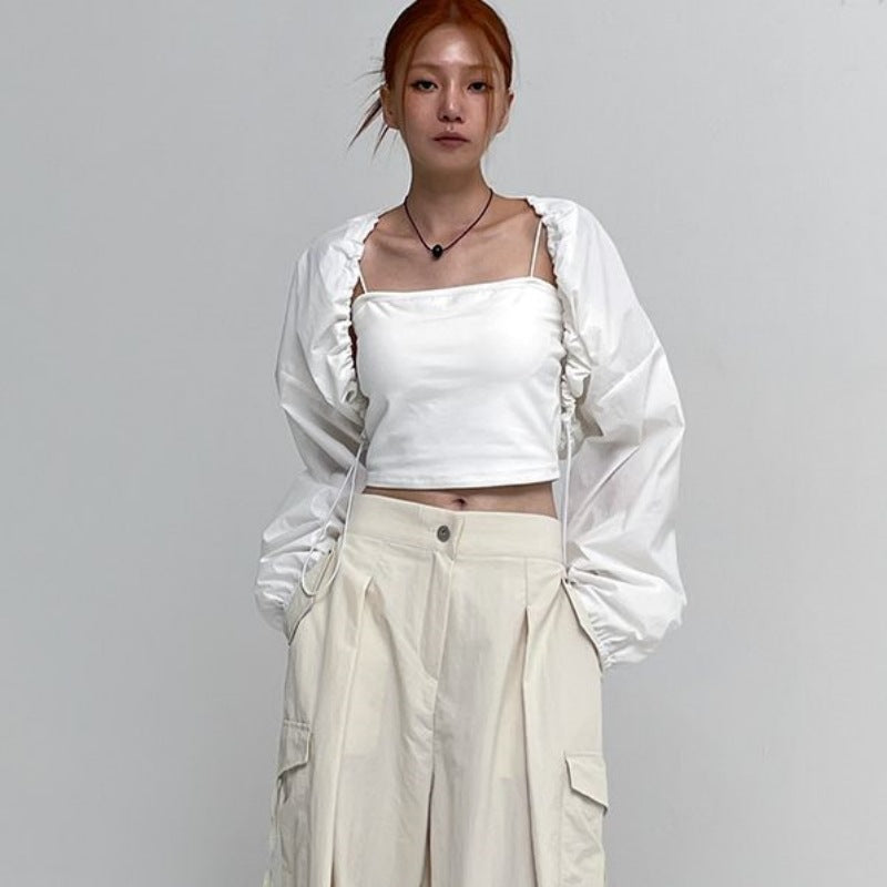 Damen Cropped Langarmbluse Rüschen Norvielle - Norvielle