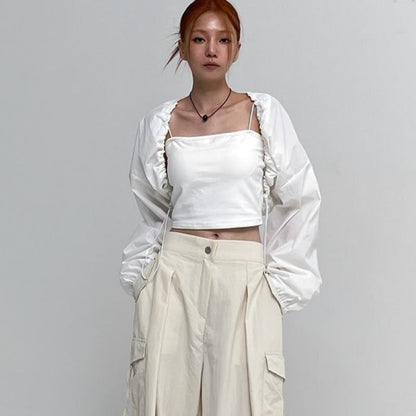 Damen Cropped Langarmbluse Rüschen Norvielle - Norvielle